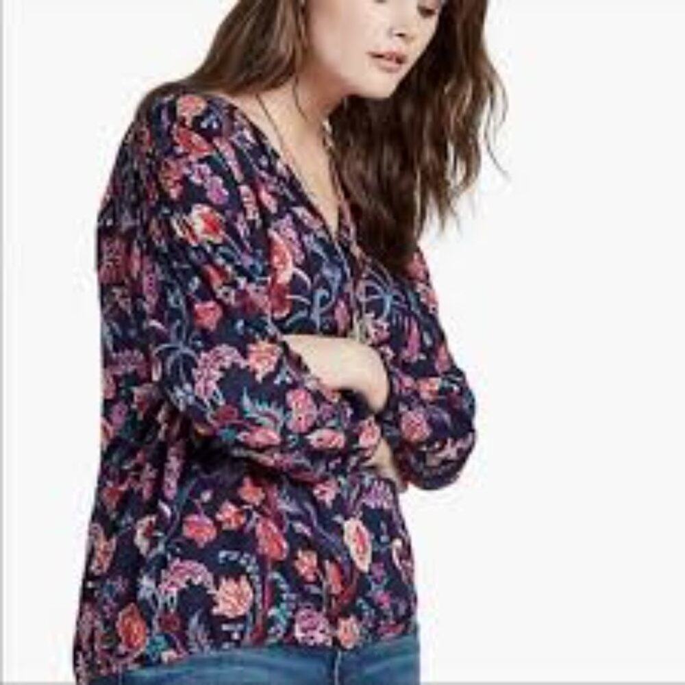 Lucky Brand floral‎ popover necktie blouse with tassels